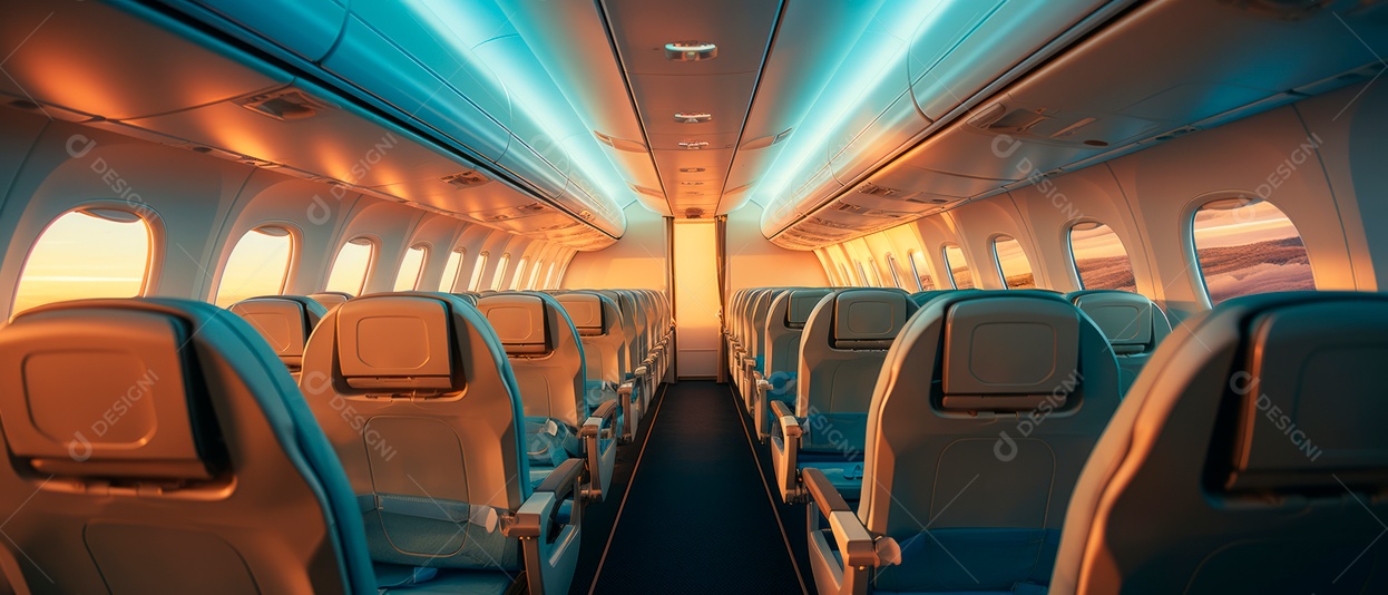 Assentos de aeronaves vazios e janelas de vigia iluminadas renderizadas de forma realista.