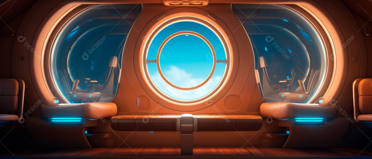 Assentos de aeronaves vazios e janelas de vigia iluminadas renderizadas de forma realista.