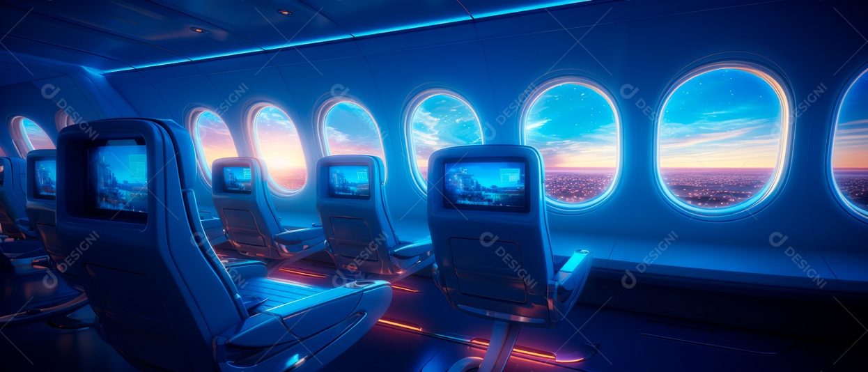 Assentos de aeronaves vazios e janelas de vigia iluminadas renderizadas de forma realista.