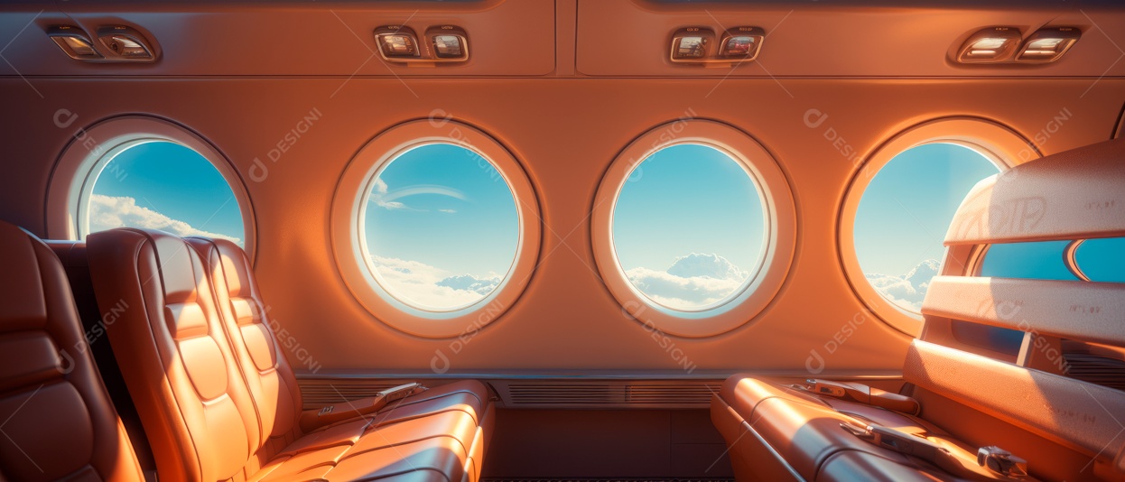 Assentos de aeronaves vazios e janelas de vigia iluminadas renderizadas de forma realista.