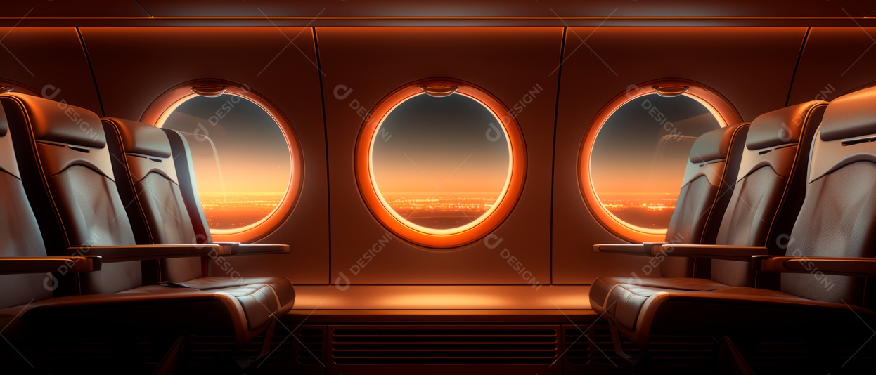 Assentos de aeronaves vazios e janelas de vigia iluminadas renderizadas de forma realista.