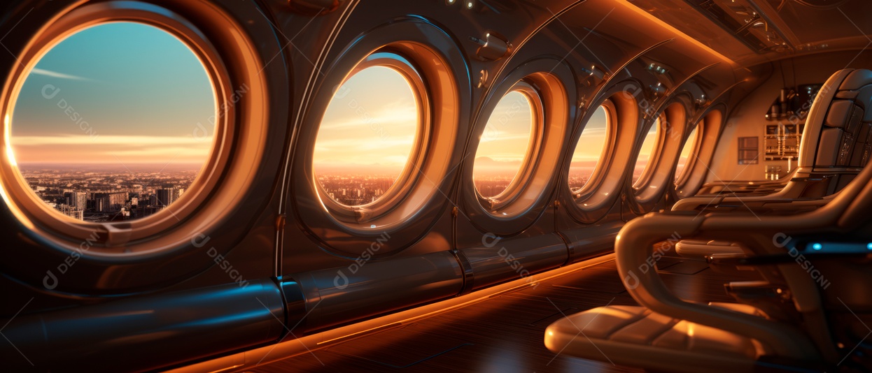 Assentos de aeronaves vazios e janelas de vigia iluminadas renderizadas de forma realista.