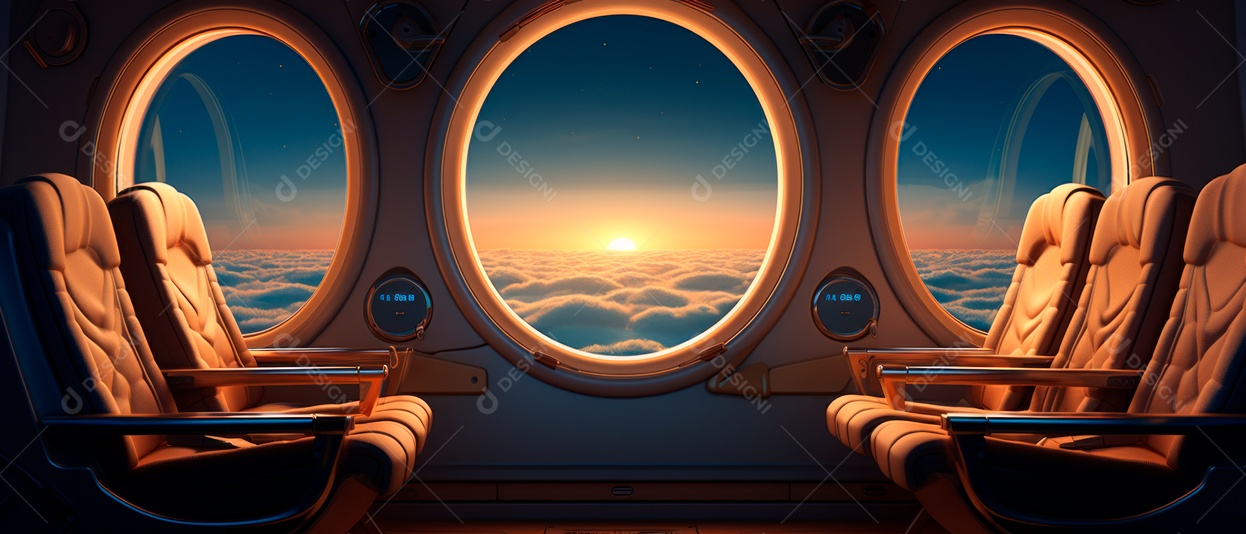 Assentos de aeronaves vazios e janelas de vigia iluminadas renderizadas de forma realista.