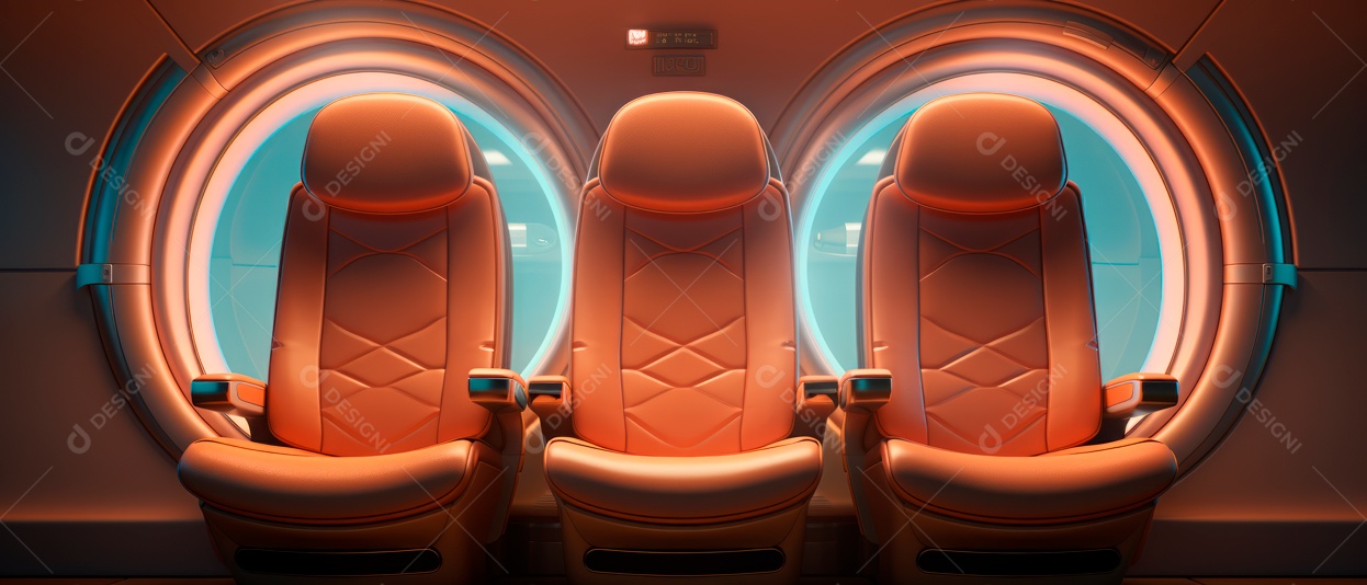 Assentos de aeronaves vazios e janelas de vigia iluminadas renderizadas de forma realista.