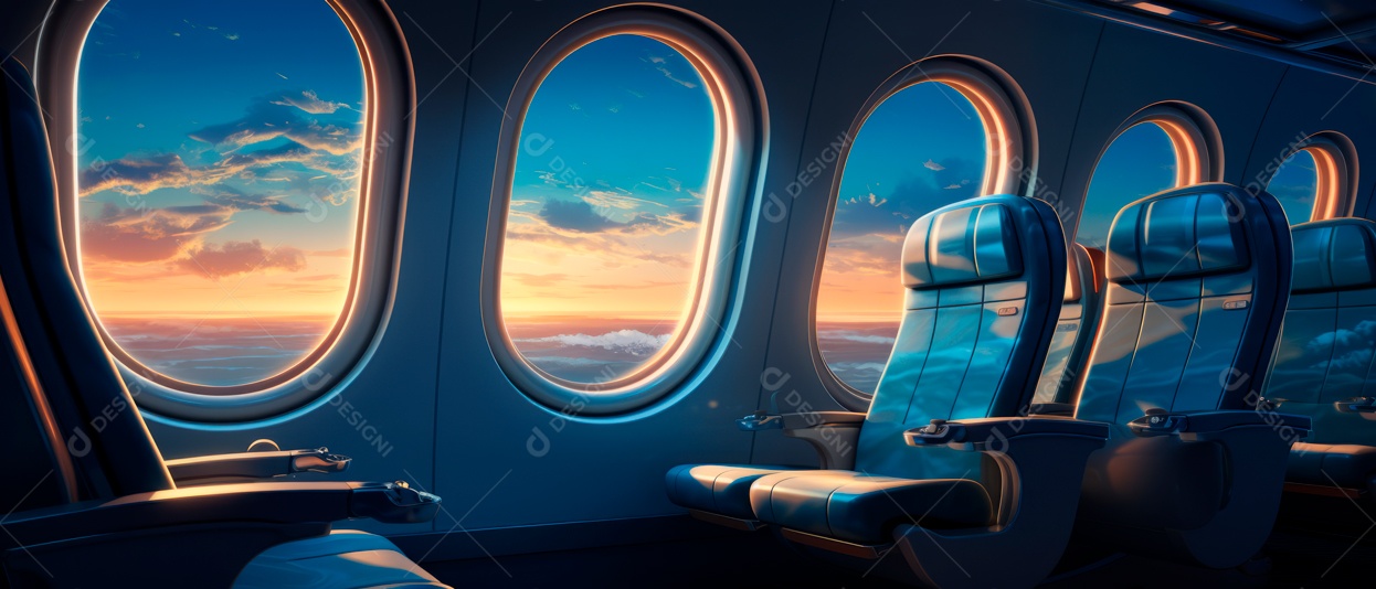 Assentos de aeronaves vazios e janelas de vigia iluminadas renderizadas de forma realista.