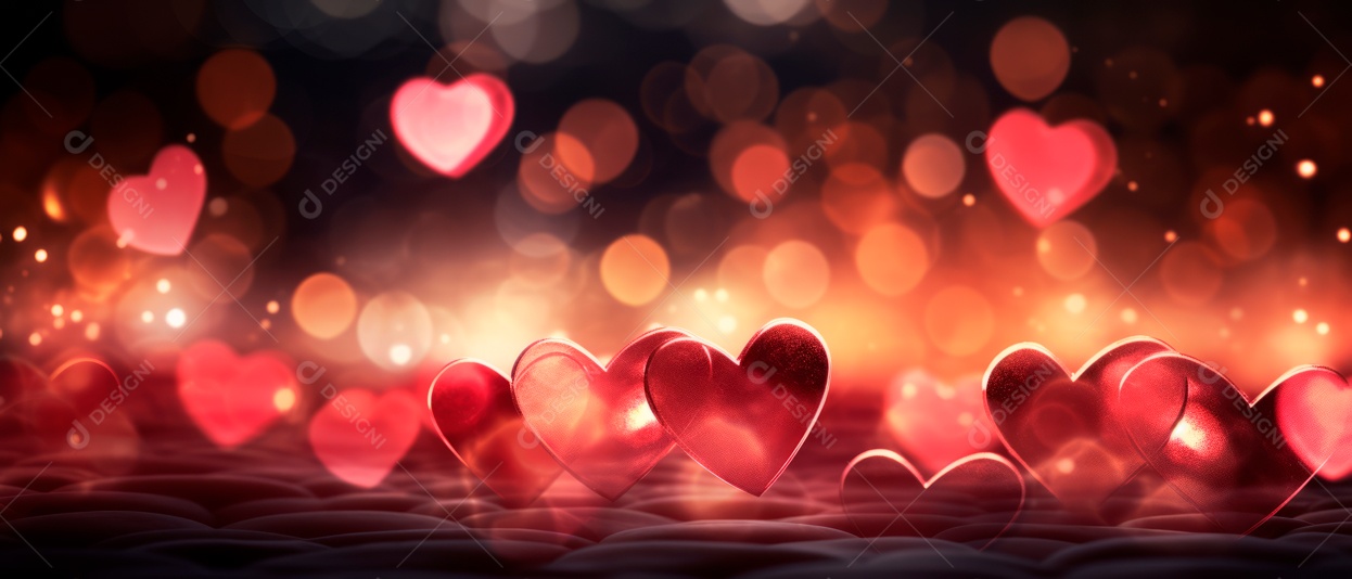 Bokeh em forma de coração vermelho claro e brilhante desfocado fundo 3D.