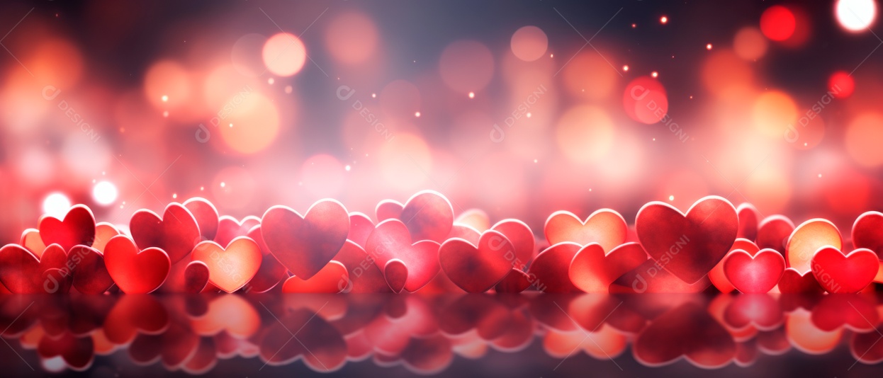 Bokeh em forma de coração vermelho claro e brilhante desfocado fundo 3D.
