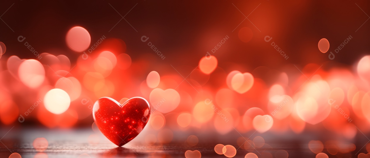 Bokeh em forma de coração vermelho claro e brilhante desfocado fundo 3D.