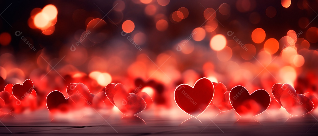 Bokeh em forma de coração vermelho claro e brilhante desfocado fundo 3D.