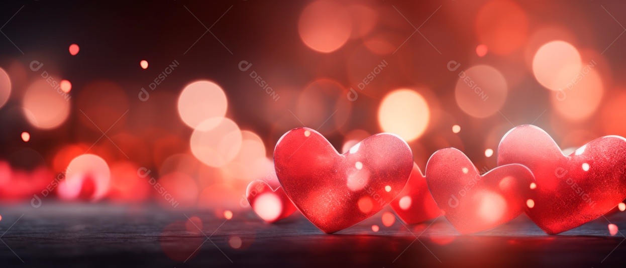Bokeh em forma de coração vermelho claro e brilhante desfocado fundo 3D.