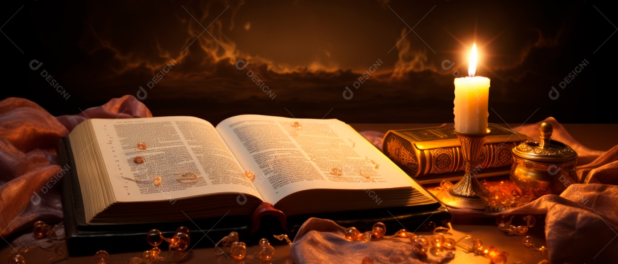Alcorão aberto em alto ângulo ao lado da vela renderização realista IA generativa.