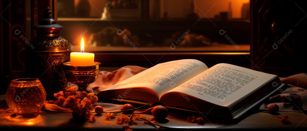 Alcorão aberto em alto ângulo ao lado da vela renderização realista IA generativa.