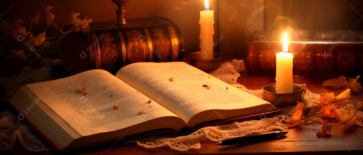 Alcorão aberto em alto ângulo ao lado da vela renderização realista IA generativa.