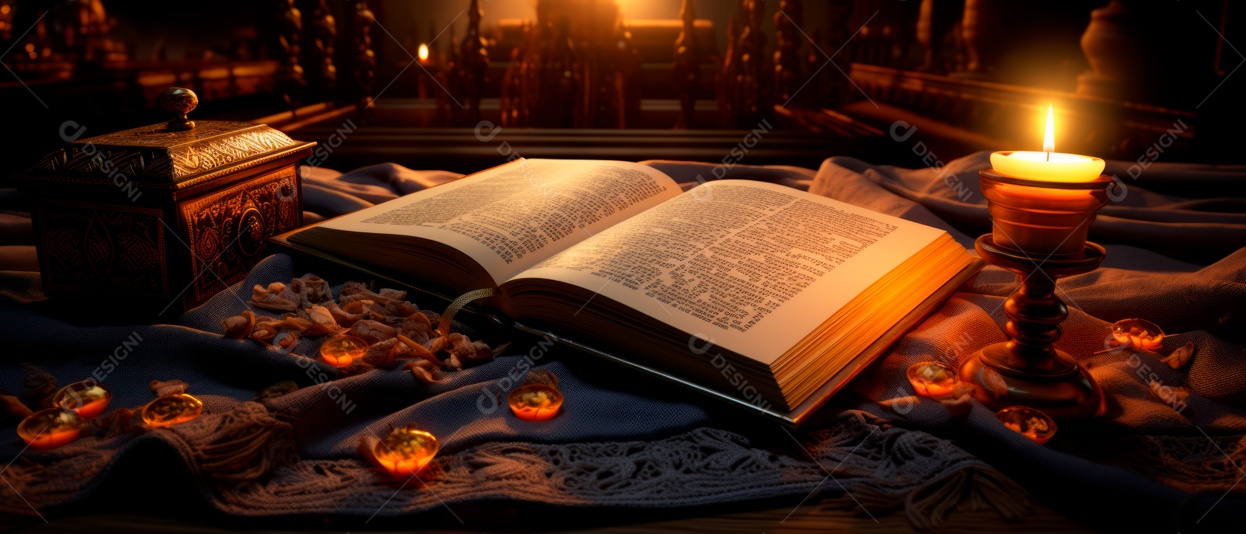 Alcorão aberto em alto ângulo ao lado da vela renderização realista IA generativa.