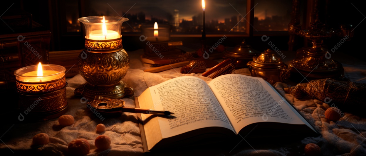 Alcorão aberto em alto ângulo ao lado da vela renderização realista IA generativa.