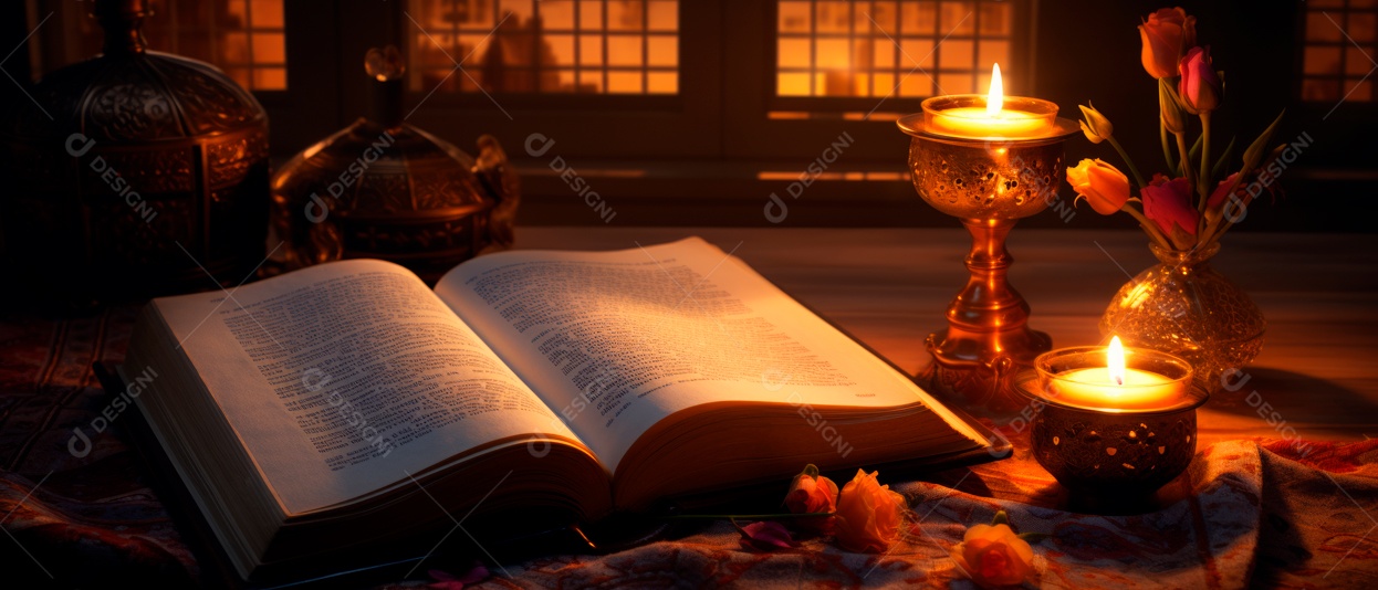 Alcorão aberto em alto ângulo ao lado da vela renderização realista IA generativa.