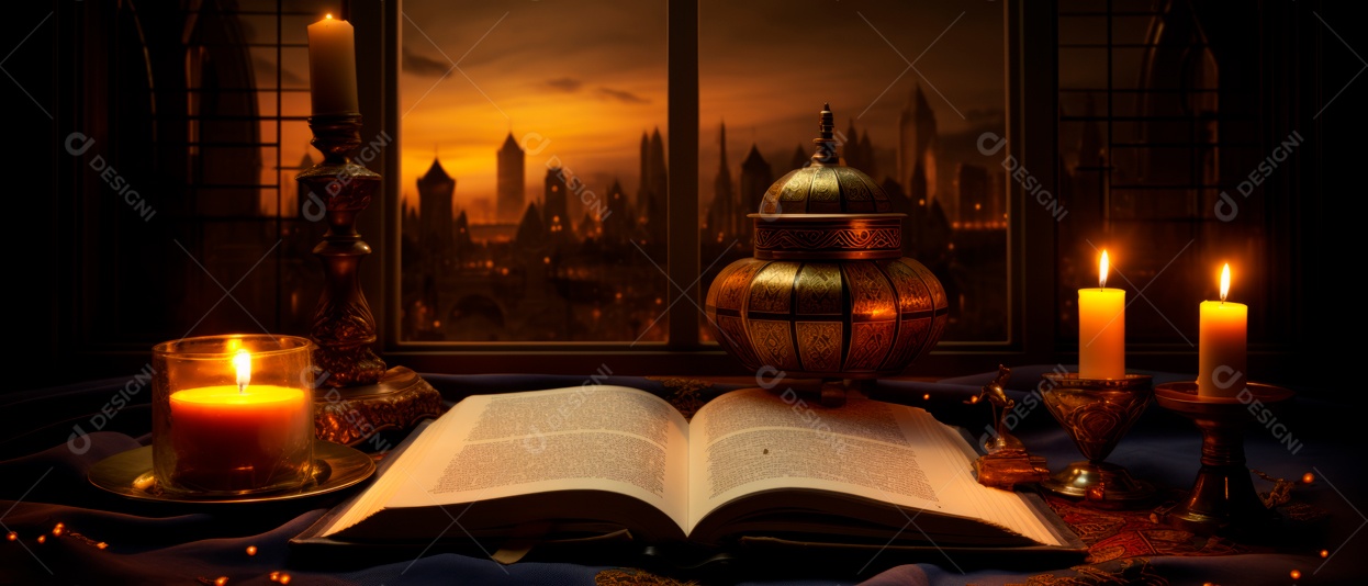 Alcorão aberto em alto ângulo ao lado da vela renderização realista IA generativa.