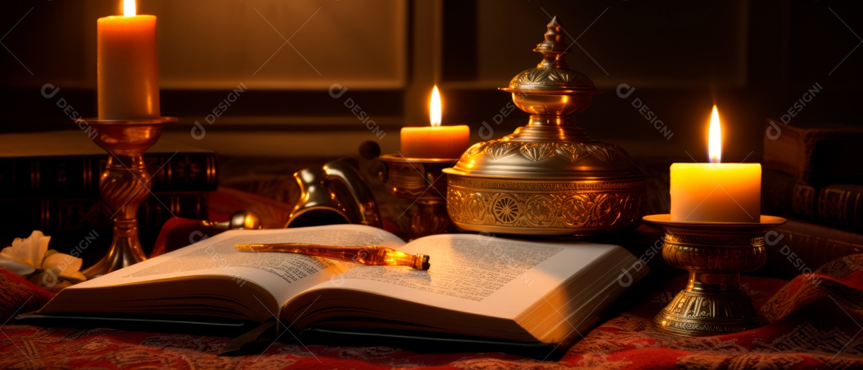 Alcorão aberto em alto ângulo ao lado da vela renderização realista IA generativa.