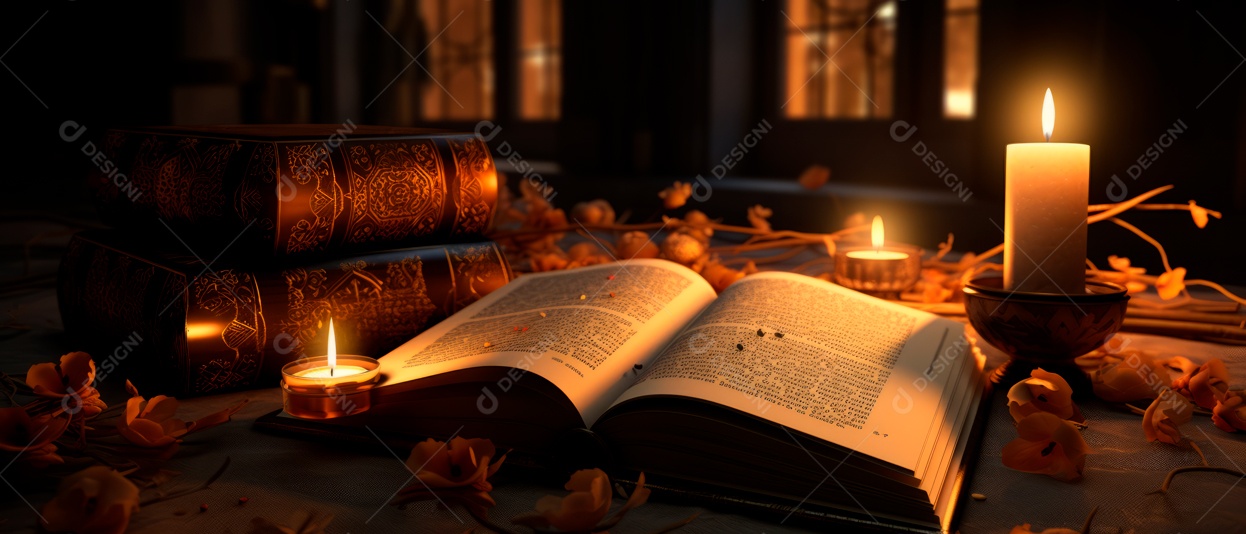 Alcorão aberto em alto ângulo ao lado da vela renderização realista IA generativa.