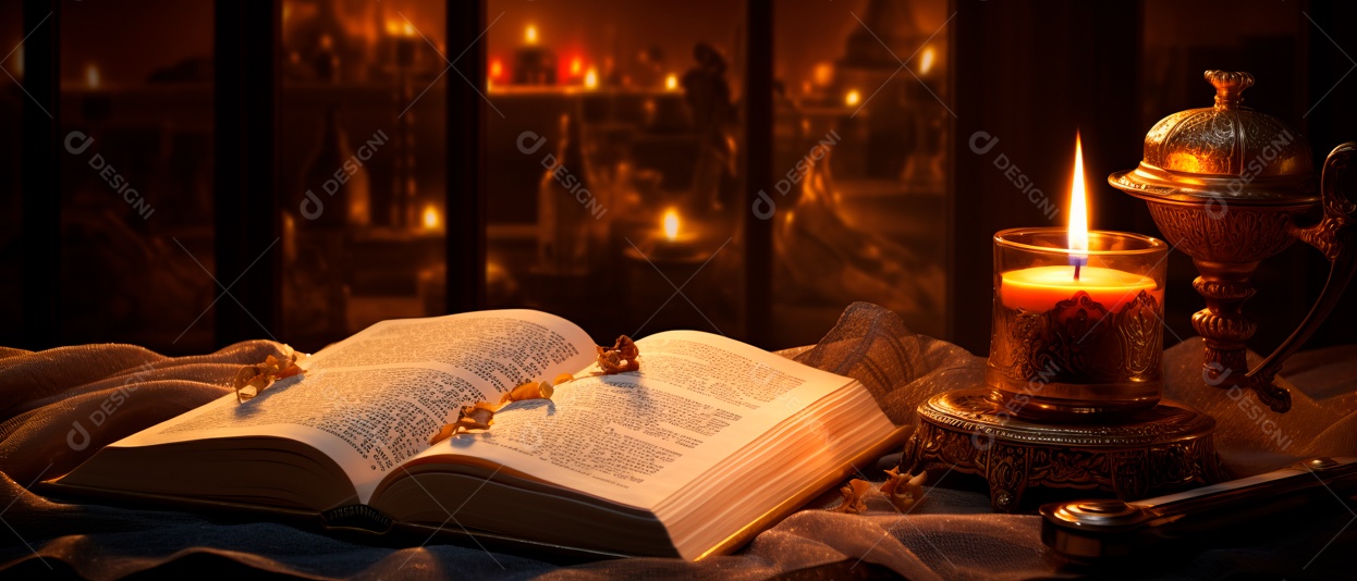 Alcorão aberto em alto ângulo ao lado da vela renderização realista IA generativa.