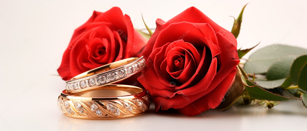 Rosa vermelha e duas alianças de casamento douradas na superfície branca renderizaram IA generativa realista.