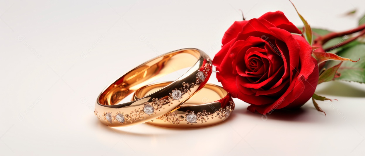 Rosa vermelha e duas alianças de casamento douradas na superfície branca renderizaram IA generativa realista.