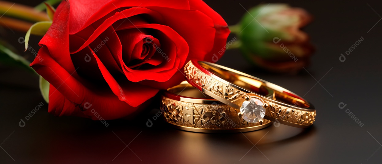 Rosa vermelha e duas alianças de casamento douradas na superfície branca renderizaram IA generativa realista.