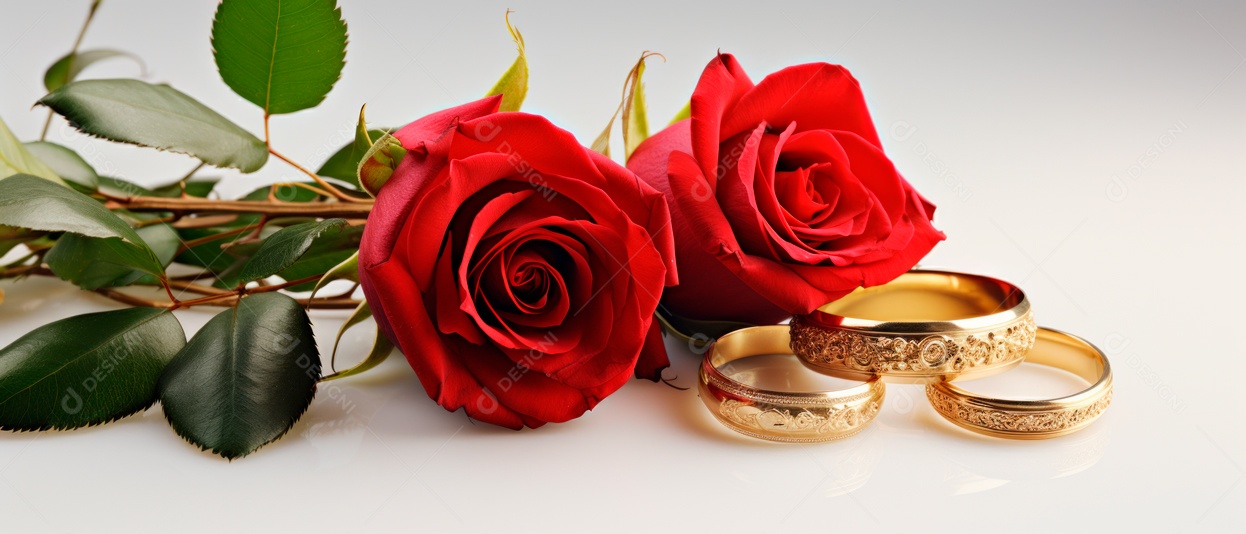 Rosa vermelha e duas alianças de casamento douradas na superfície branca renderizaram IA generativa realista.