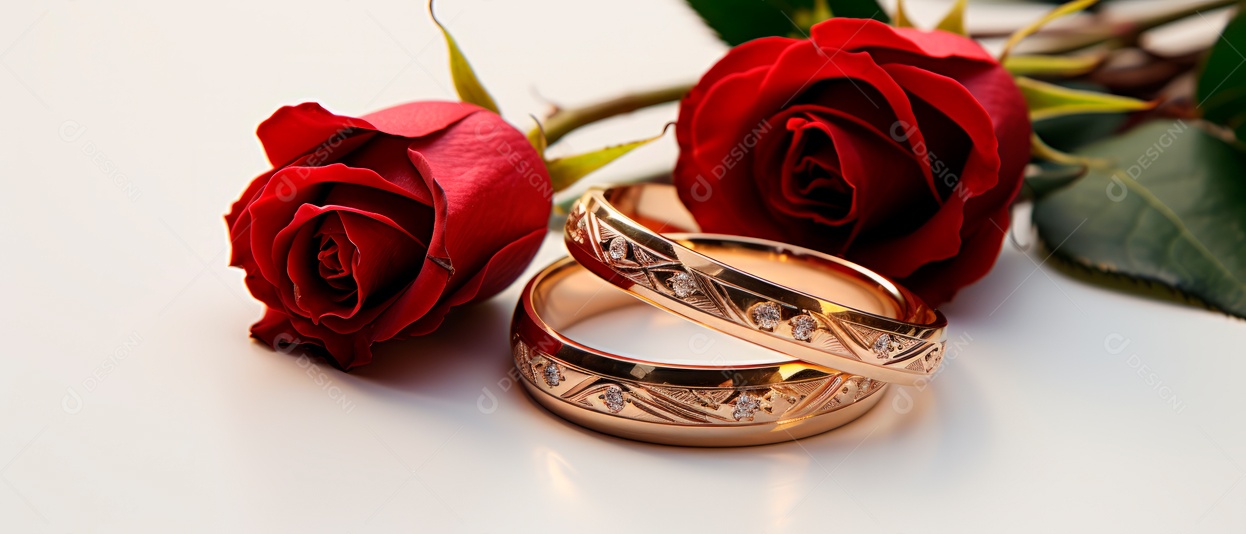 Rosa vermelha e duas alianças de casamento douradas na superfície branca renderizaram IA generativa realista.