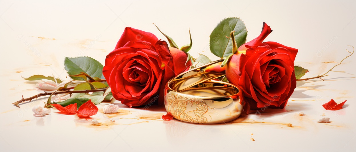 Rosa vermelha e duas alianças de casamento douradas na superfície branca renderizaram IA generativa realista.