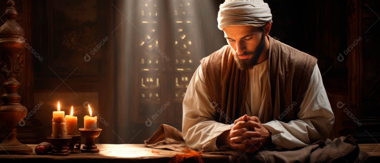 Homem muçulmano religioso rezando renderização realista em 3D IA generativa.