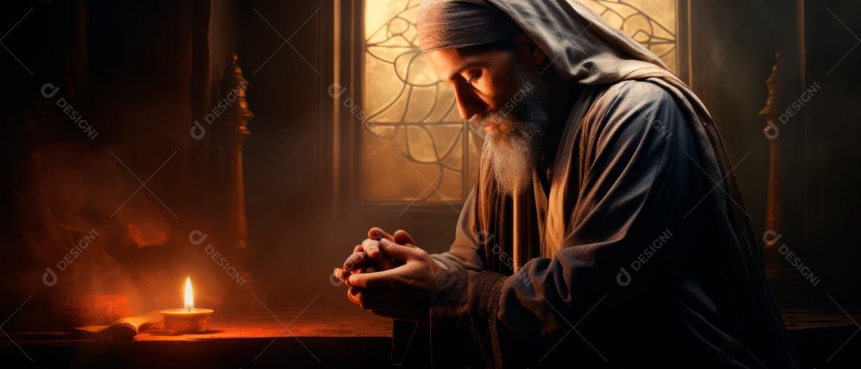 Homem muçulmano religioso rezando renderização realista em 3D IA generativa.