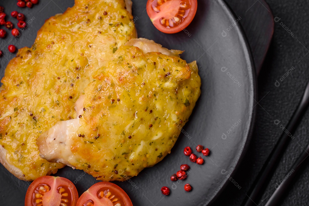 Deliciosa carne frita com mostarda Dijon com sal, especiarias e ervas sobre fundo escuro de concreto
