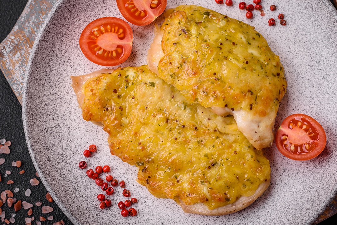 Deliciosa carne frita com mostarda Dijon com sal, especiarias e ervas sobre fundo escuro de concreto