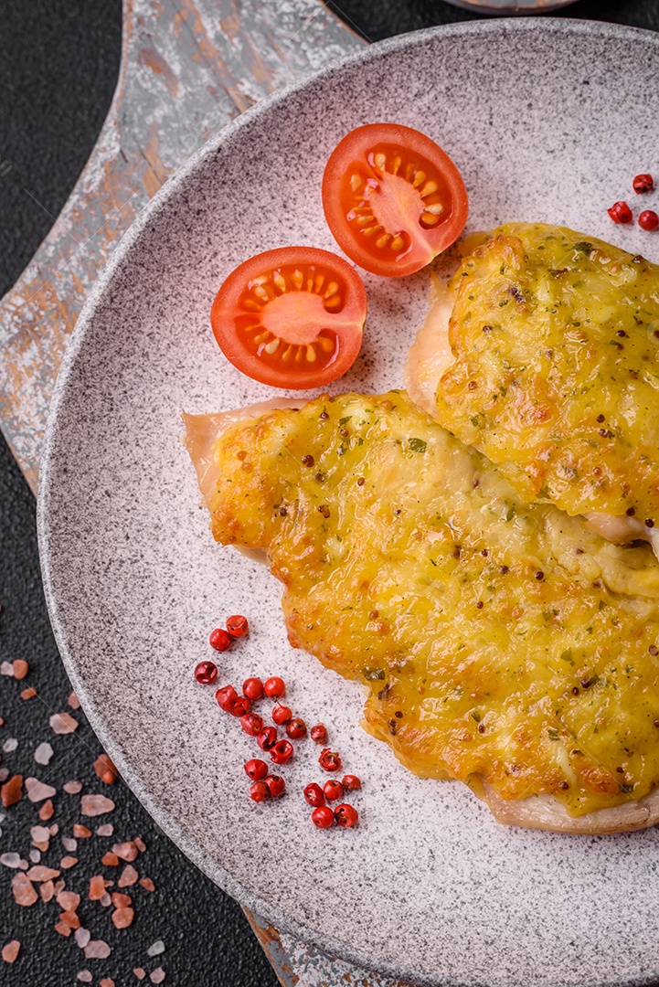 Deliciosa carne frita com mostarda Dijon com sal, especiarias e ervas sobre fundo escuro de concreto