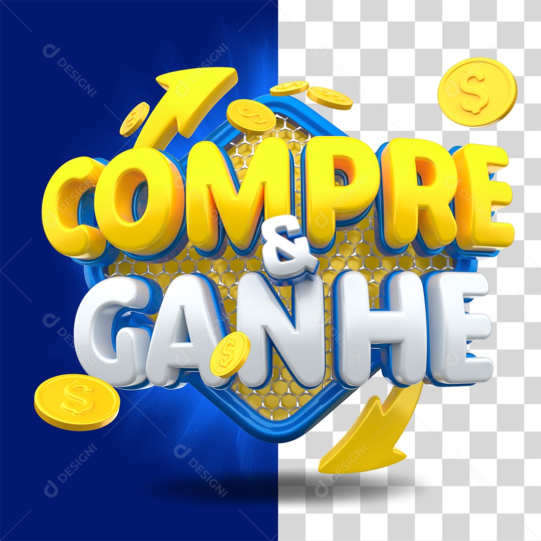 Compre & Ganhe Selo 3D Amarelo Branco e Azul para Composição PSD