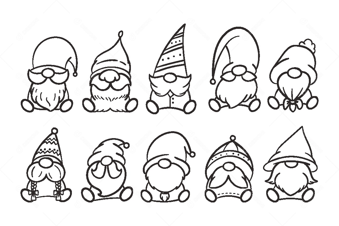 Conjunto de Gnomo de Natal Para Colorir Ilustração Vetor EPS
