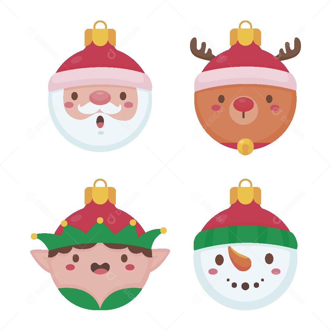 Conjunto de Bolas de Natal com Cara de Personagens Vetor EPS