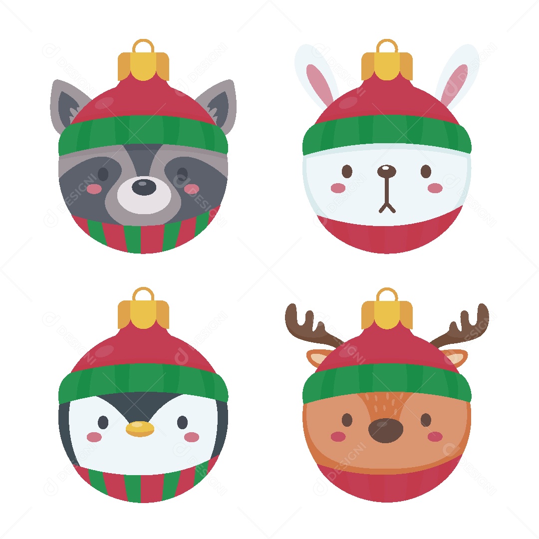 Conjunto de Bolas de Natal com Cara de Animais Vetor EPS