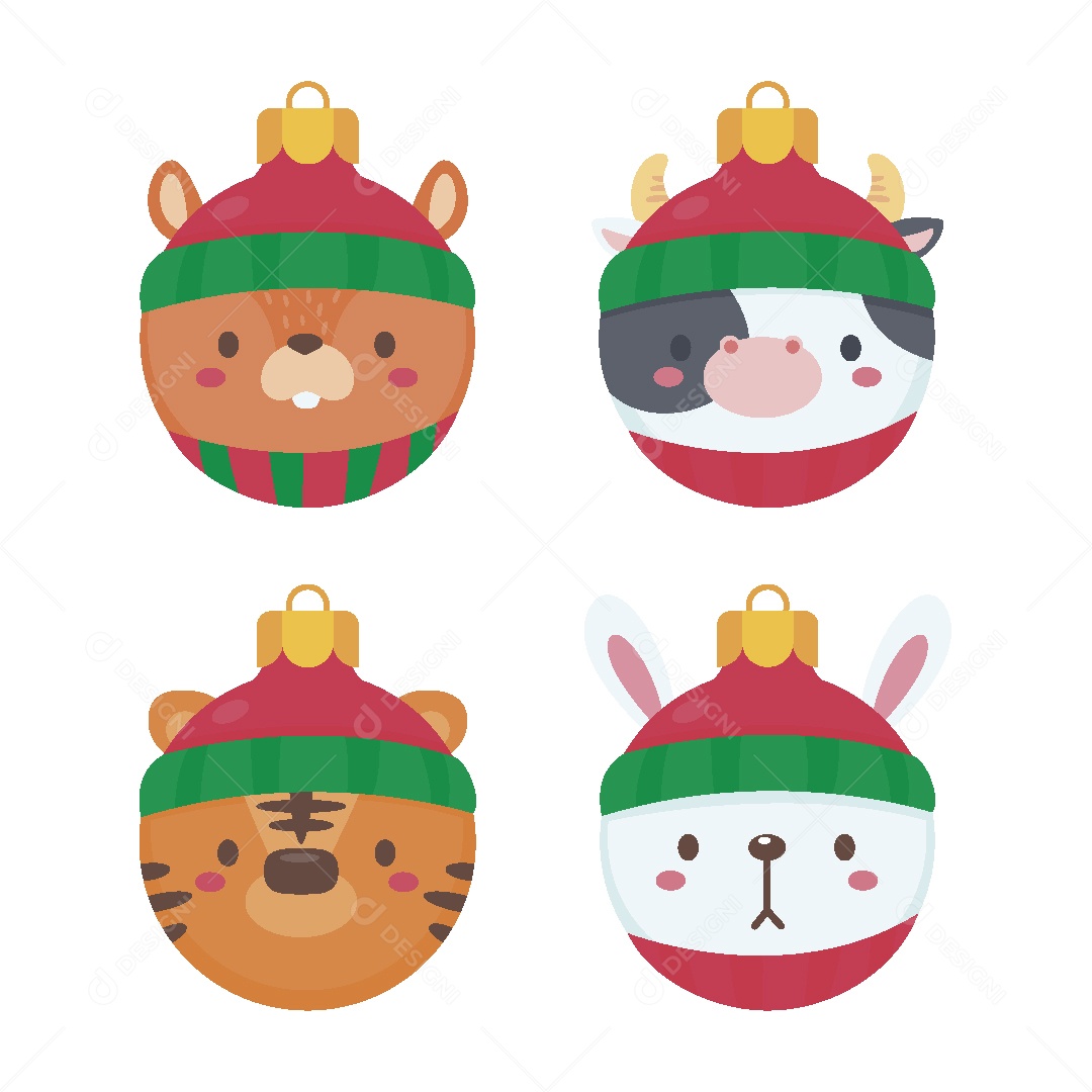 Conjunto de Bolas de Natal com Cara de Animais Vetor EPS