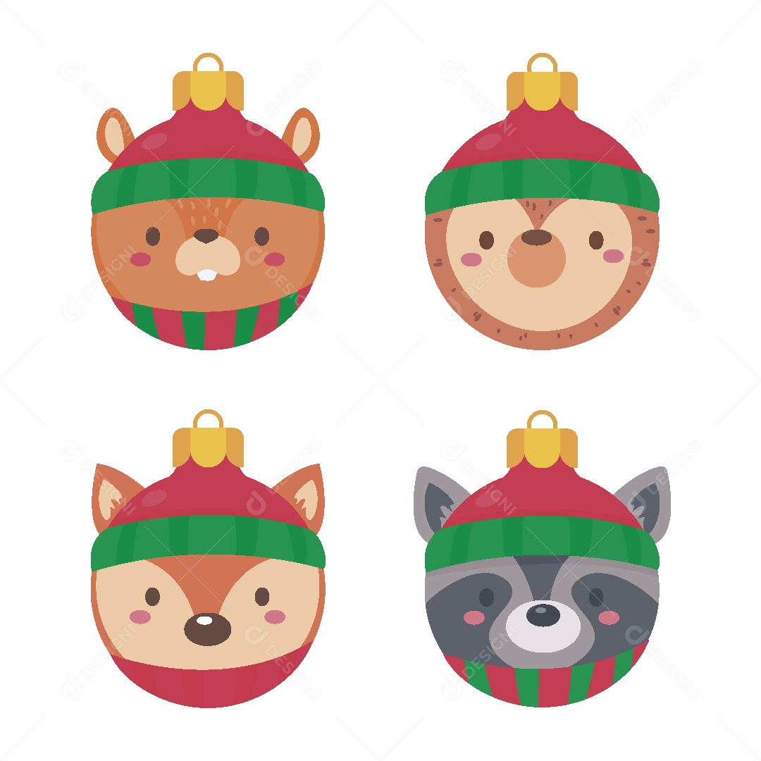 Conjunto de Bolas de Natal com Cara de Animais Vetor EPS