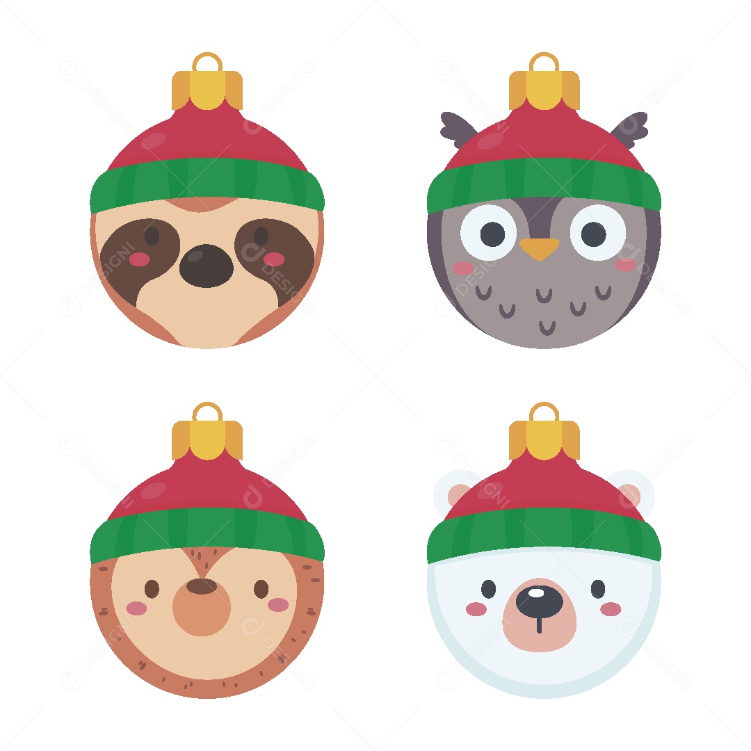 Conjunto de Bolas de Natal com Cara de Animais Vetor EPS