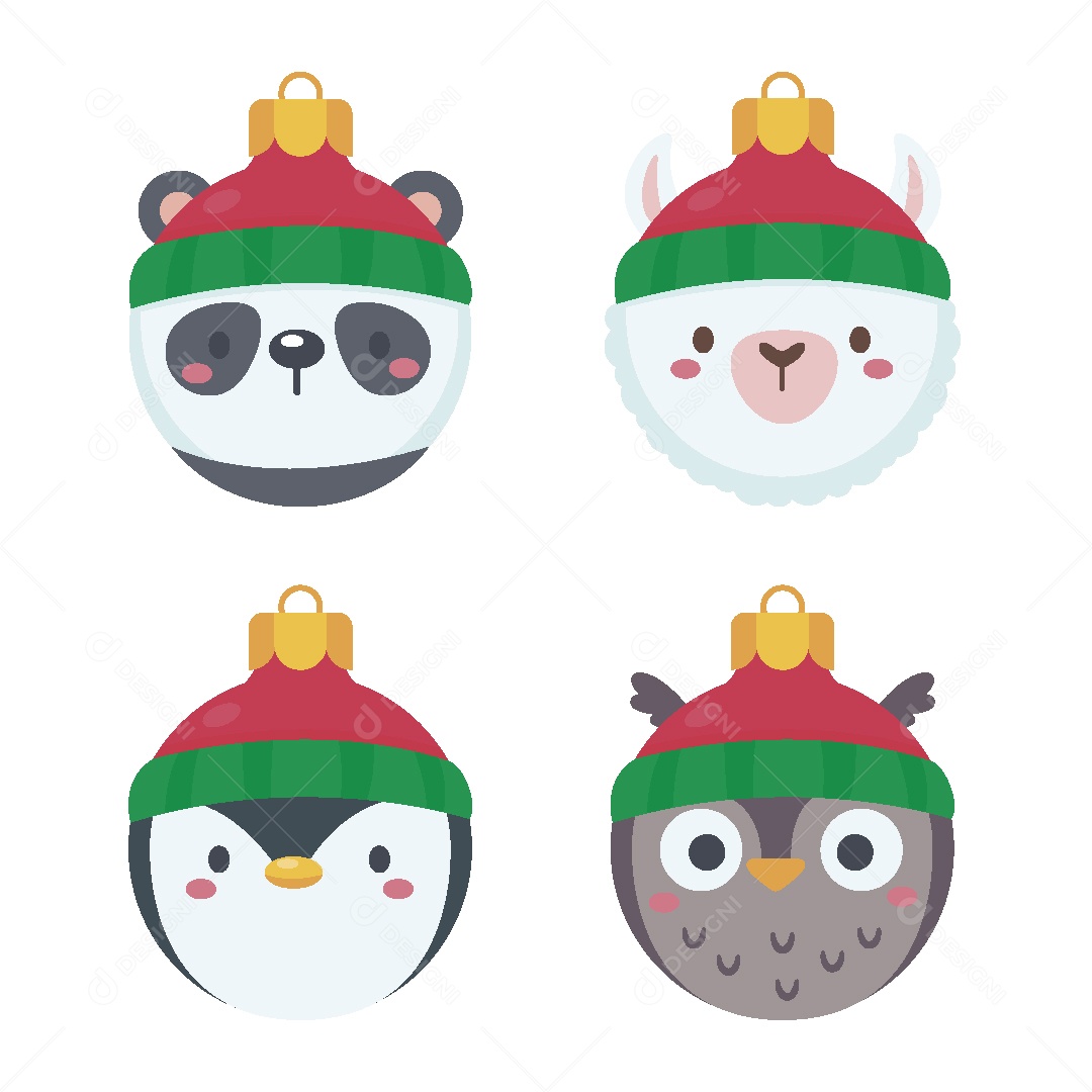 Conjunto de Bolas de Natal com Cara de Animais Vetor EPS