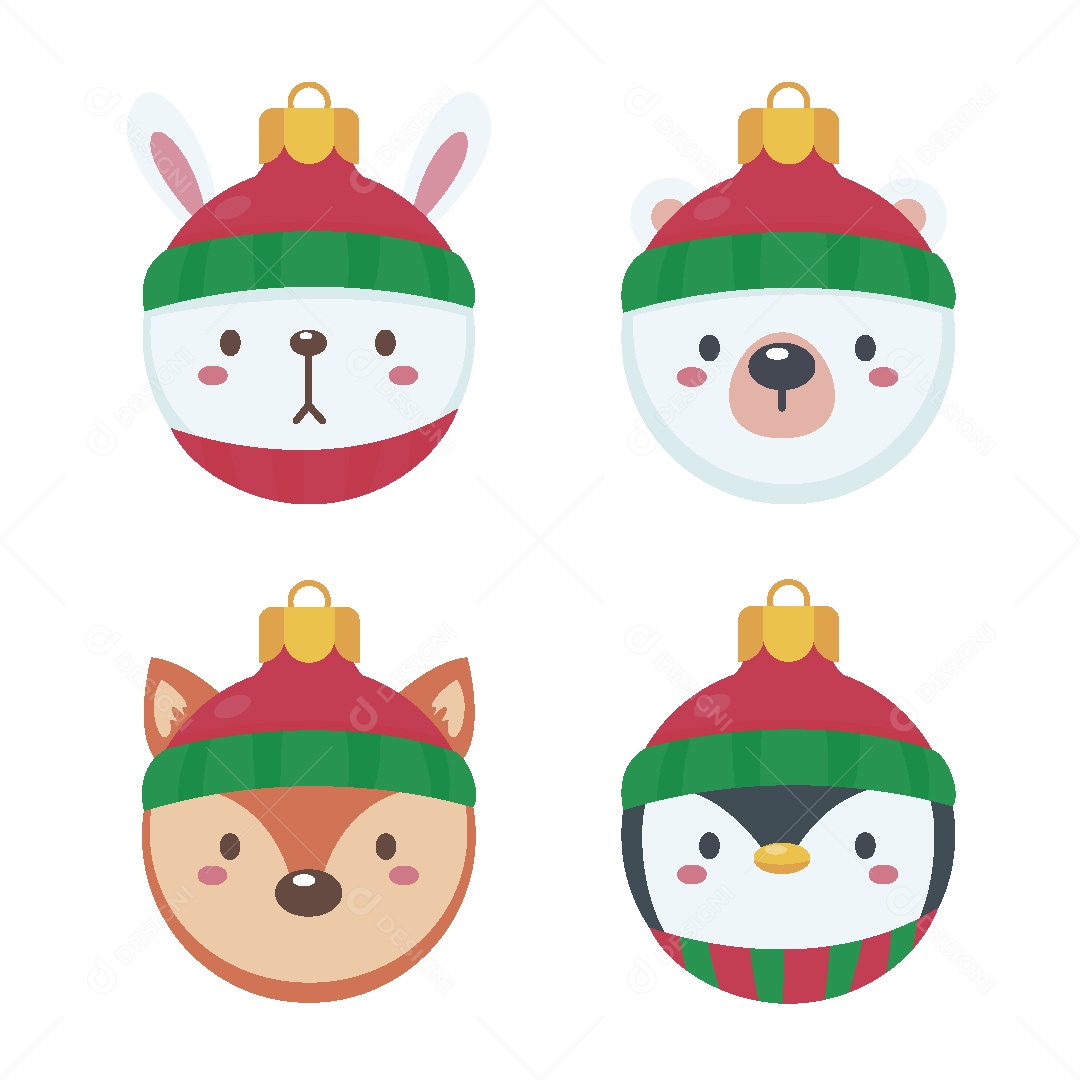 Conjunto de Bolas de Natal com Cara de Animais Vetor EPS