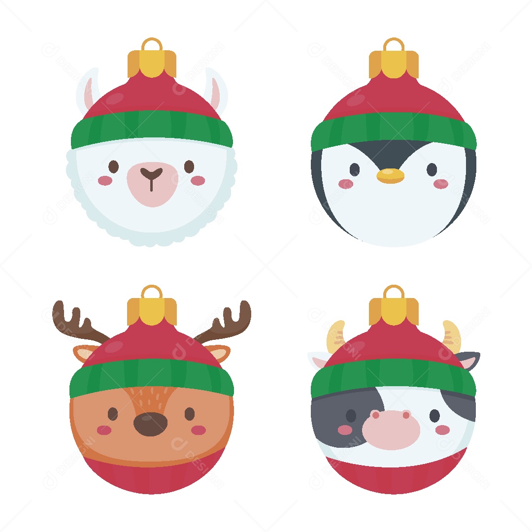 Conjunto de Bolas de Natal com Cara de Animais Vetor EPS