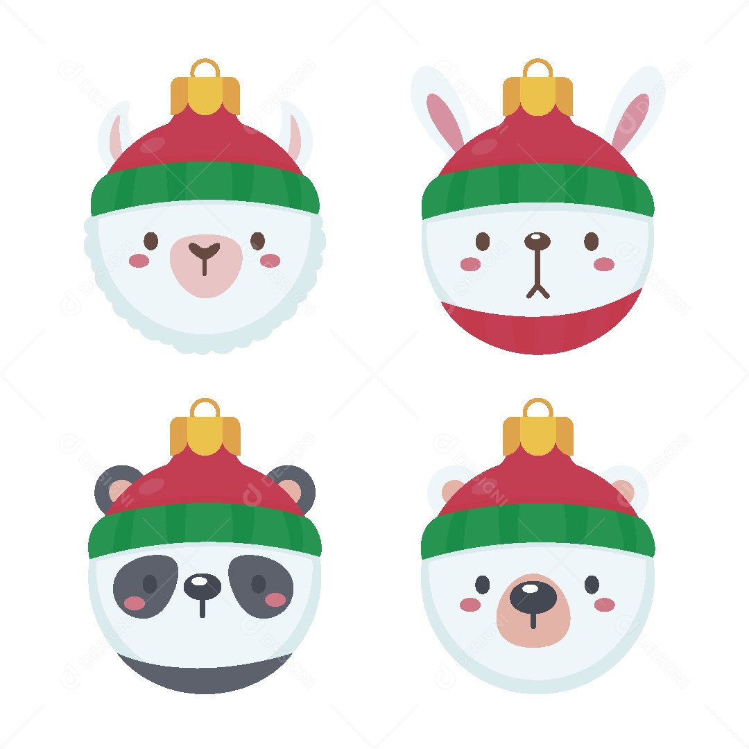 Conjunto de Bolas de Natal com Cara de Animais Vetor EPS