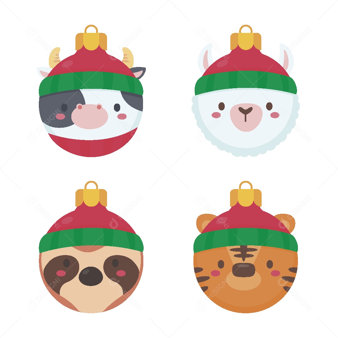 Conjunto de Bolas de Natal com Cara de Animais Vetor EPS