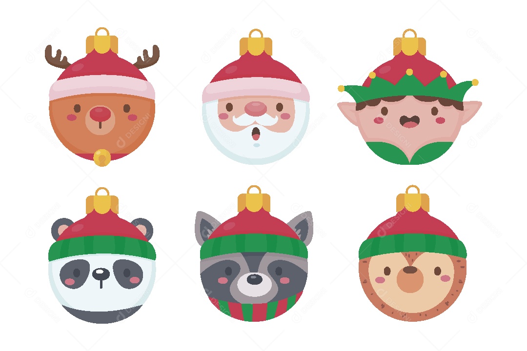 Conjunto de Bolas de Natal com Cara de Animais Vetor EPS