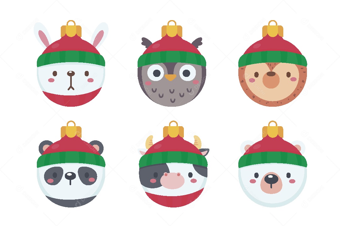 Conjunto de Bolas de Natal com Cara de Animais Vetor EPS
