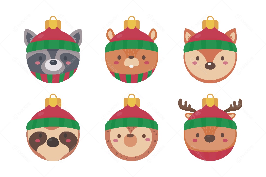 Conjunto de Bolas de Natal com Cara de Animais Vetor EPS